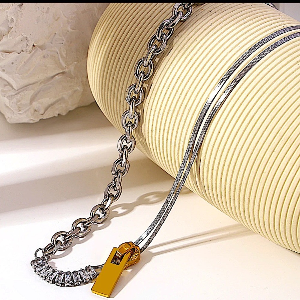 Sterling Silver Chain Link Zircon Zipper Herringbone Punk Choker Necklace - Picture 6 of 11